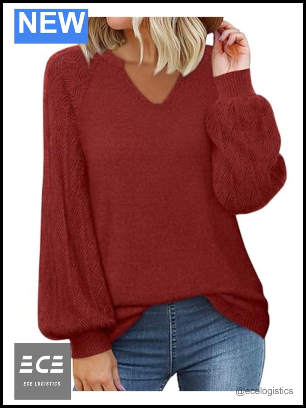 Womens Chunky Knit V Neck Lantern Sleeve Pullover Sweater